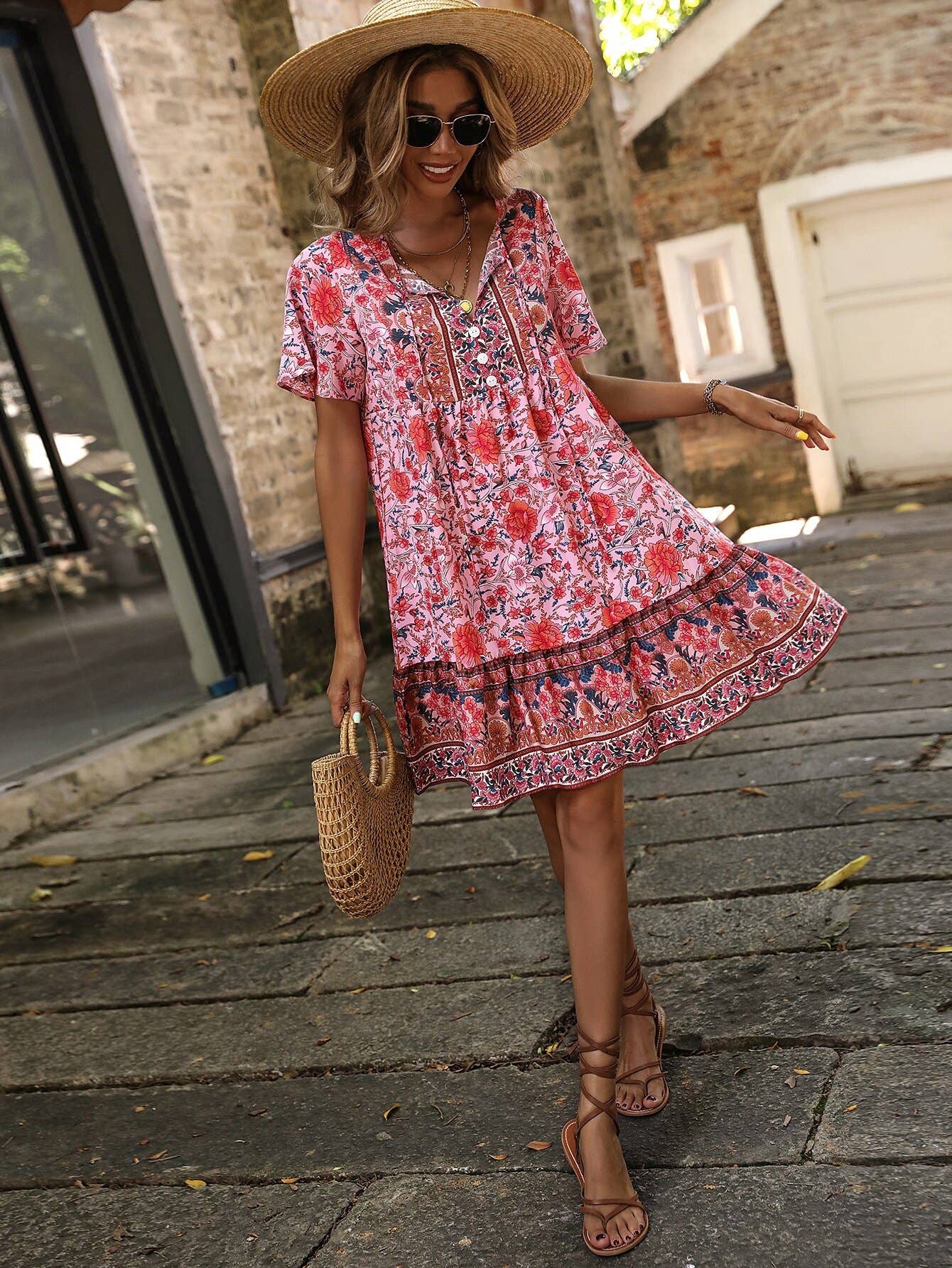 Floral V-neck loose and casual Bohemian dress