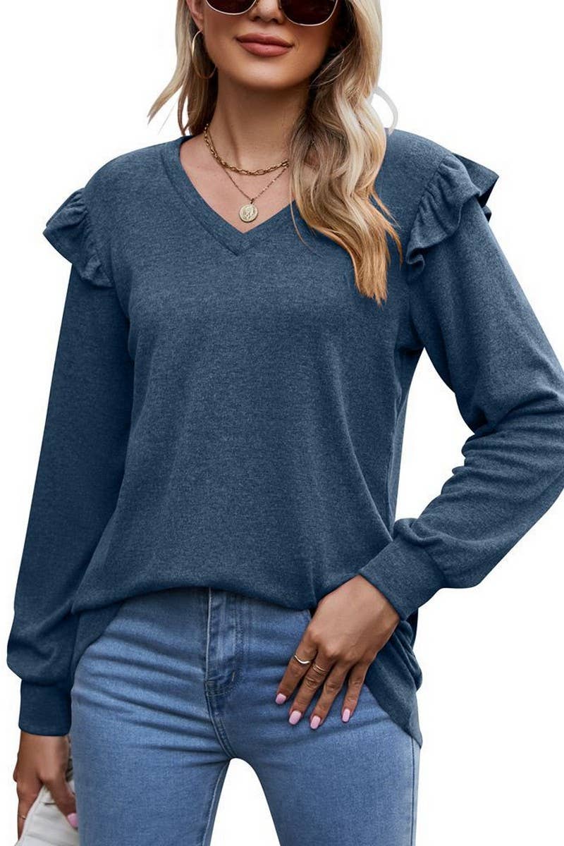 CWTTL1646_V-neck Long Sleeve Pullover Top
