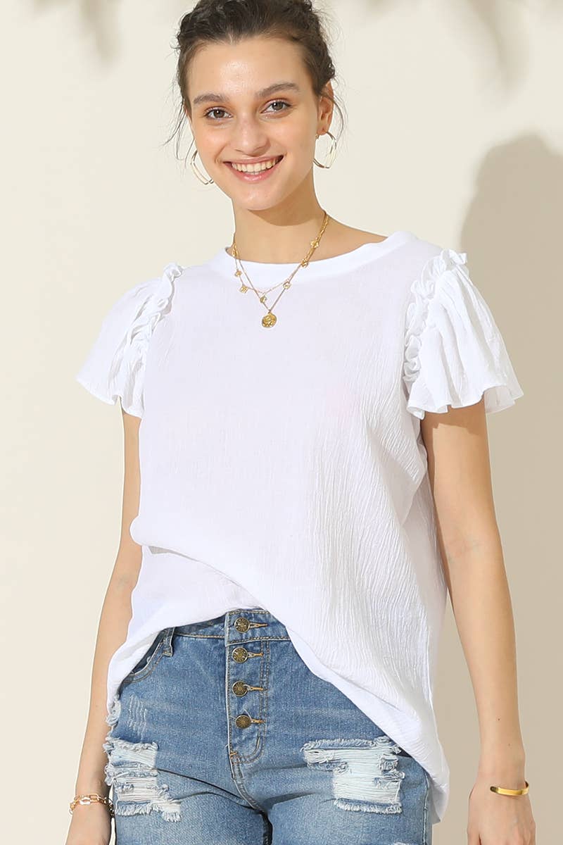 CWTBLS203_R NECK FRILL SHORT SLEEVE BLOUSE TOP