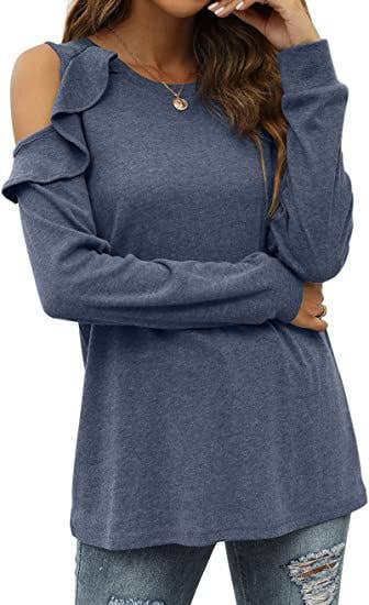 CREW-NECK, OFF-SHOULDER, RUFFLED CASUAL SWEATER