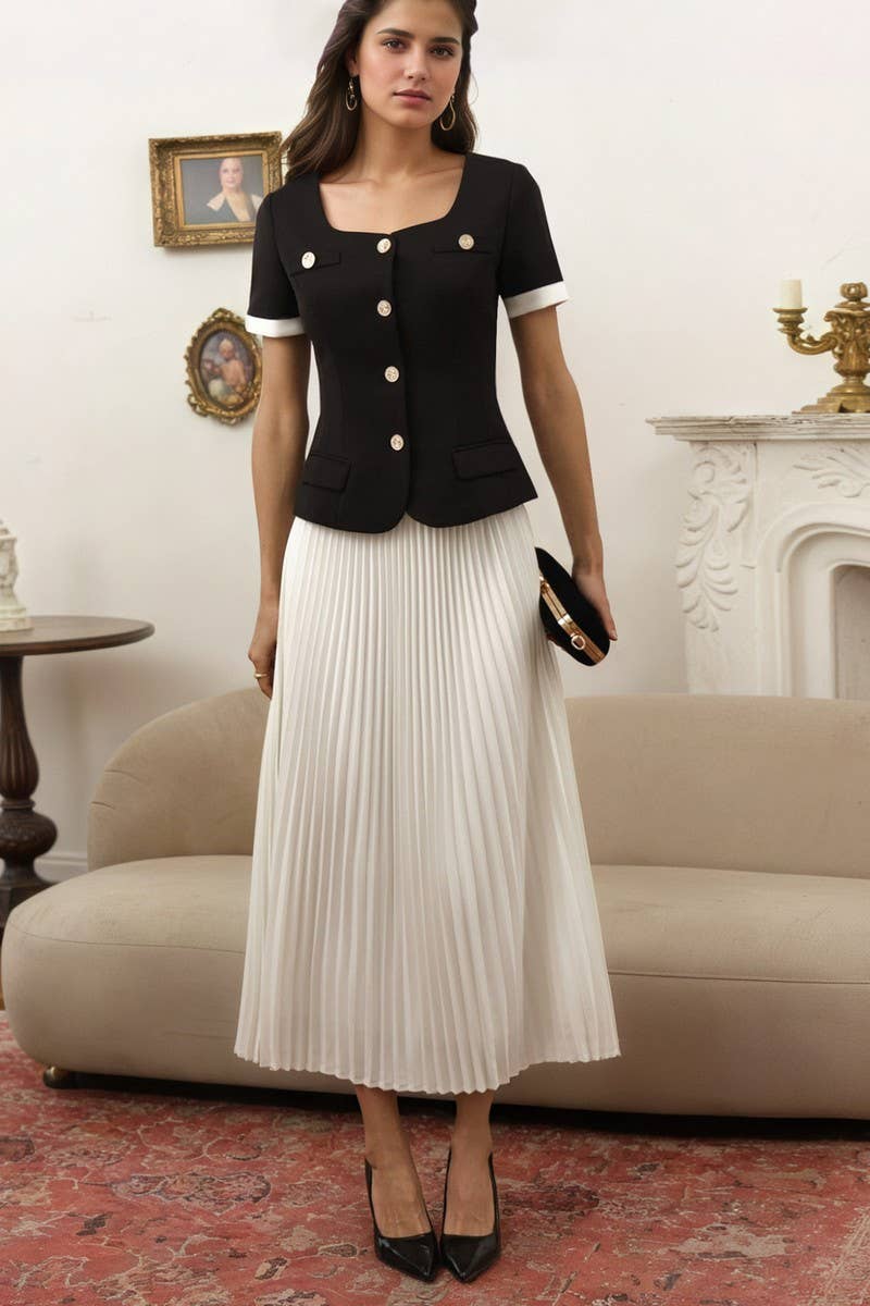 CWSTB2127_SQUARE NECK SHORT SLEEVE TOP & PLEATED SKIRT SET