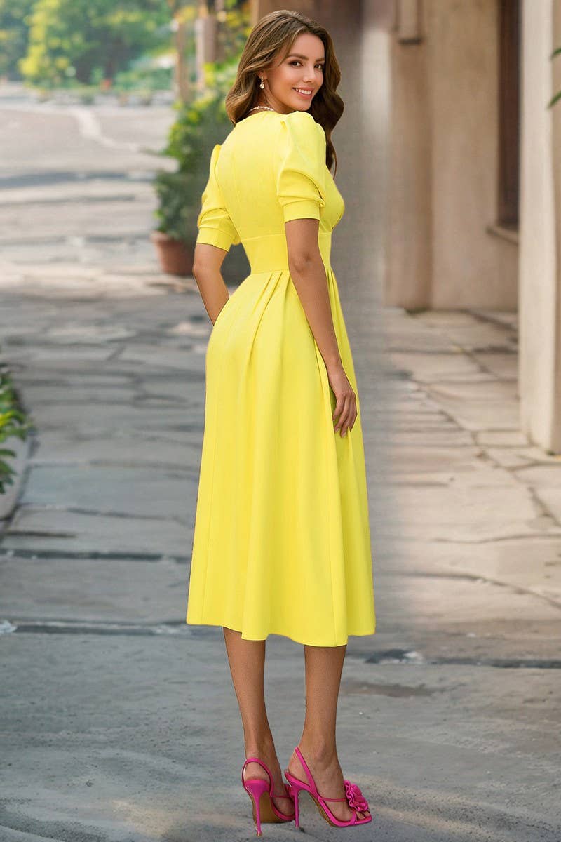 CWDMD6126_SOLID V-NECK LANTERN SLEEVE BODYCON DRESS