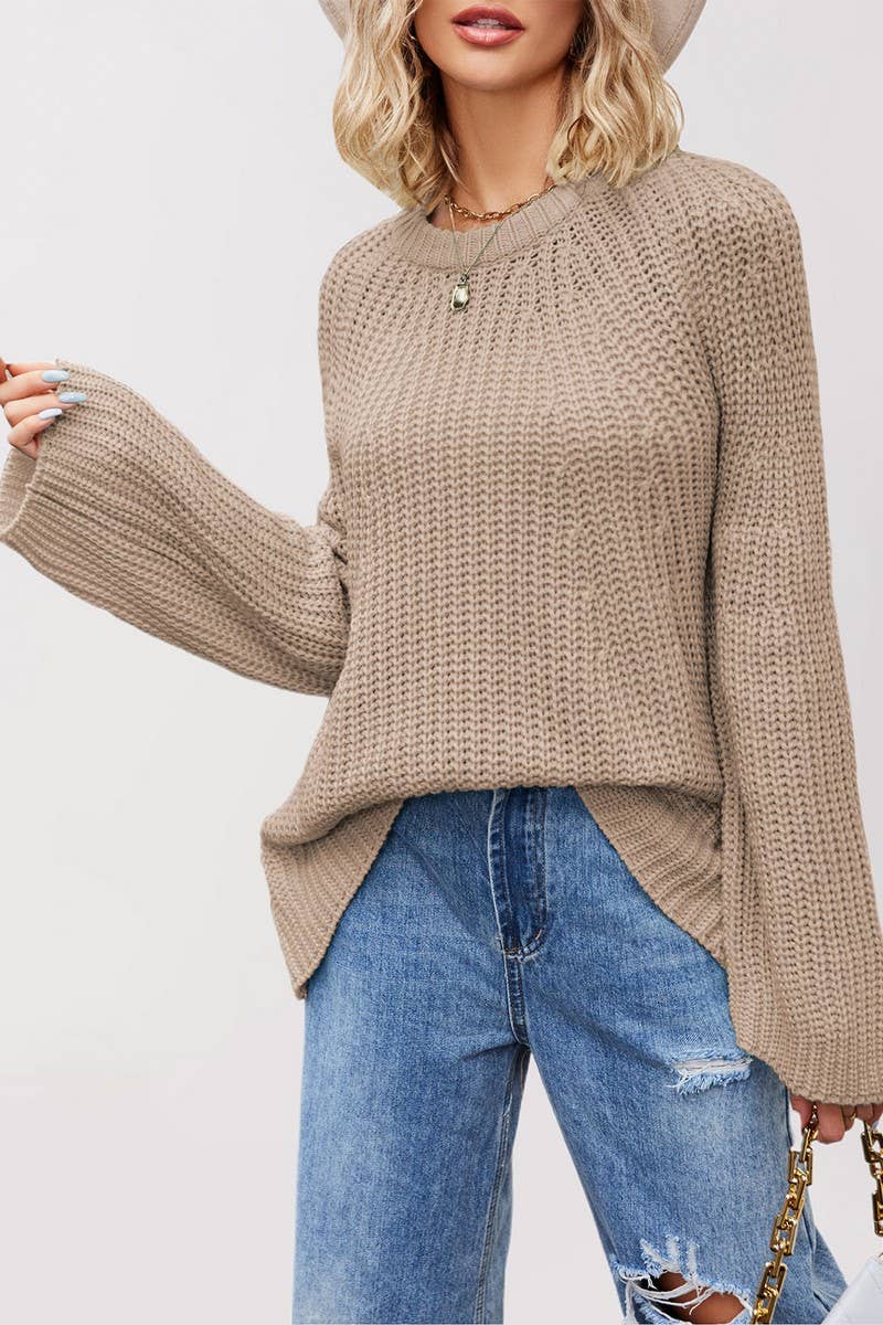CWOSWL6853_ROUND NECK TRUMPET SLEEVE SOLID COLOR SWEATER