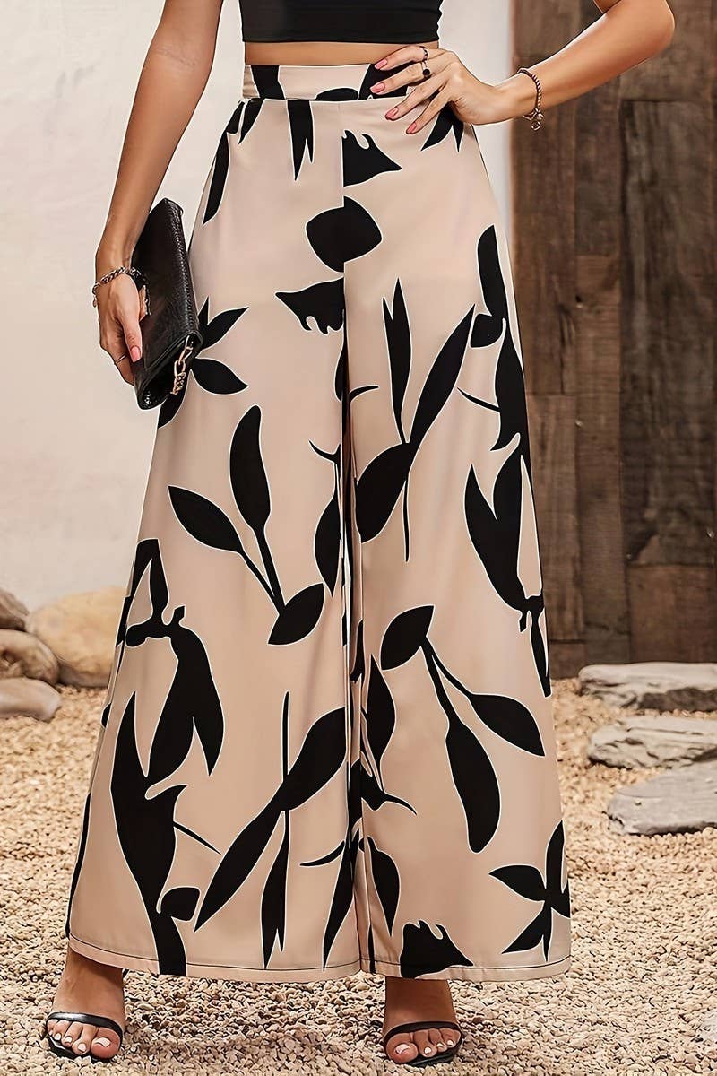 CWBLP1124_LEAF PRINT HIGH WAIST WIDE LEG CASUAL PANTS