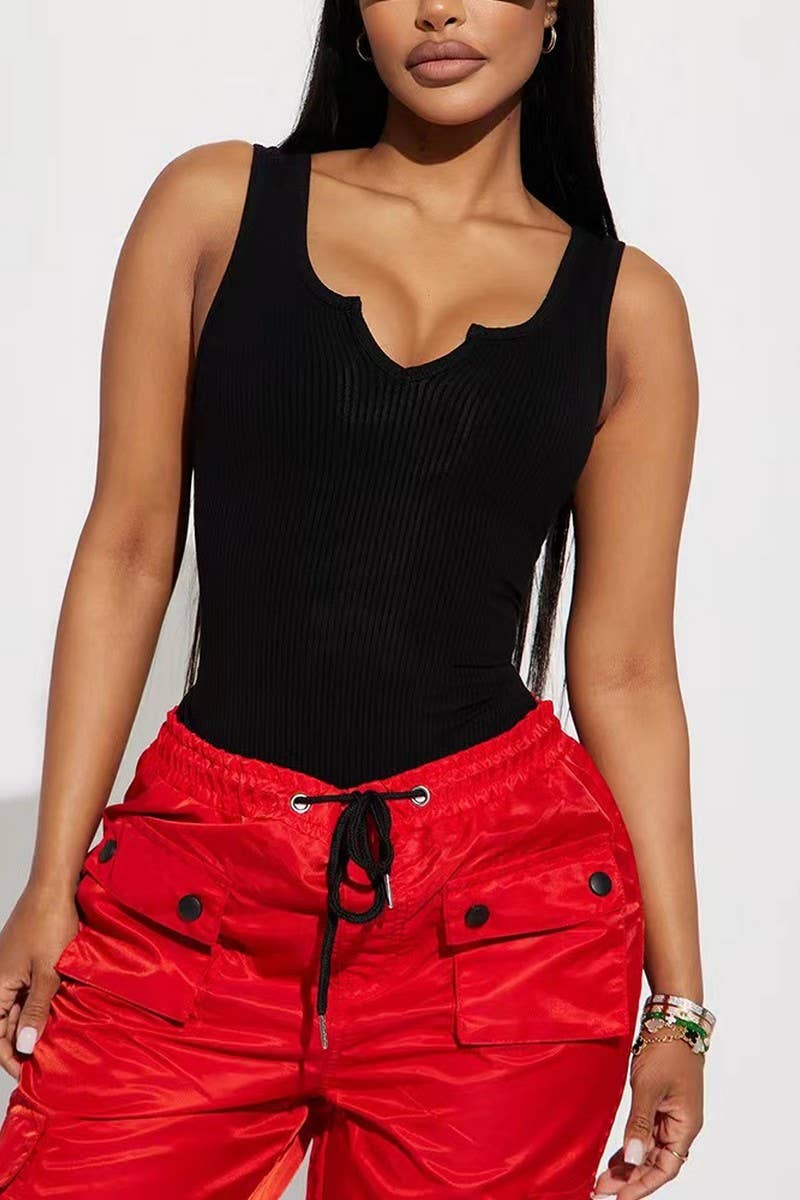 CWSBSSL0118_SOLID COLOR SLIM FIT SMALL V-NECK VEST BODYSUIT