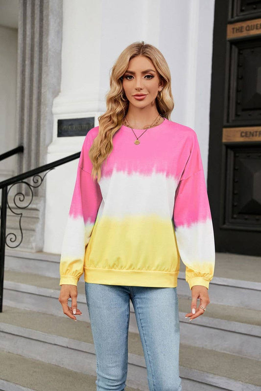 CWTBLL2414_TIE-DYE CONTRAST COLOR CREW NECK LONG SLEEVE TOP
