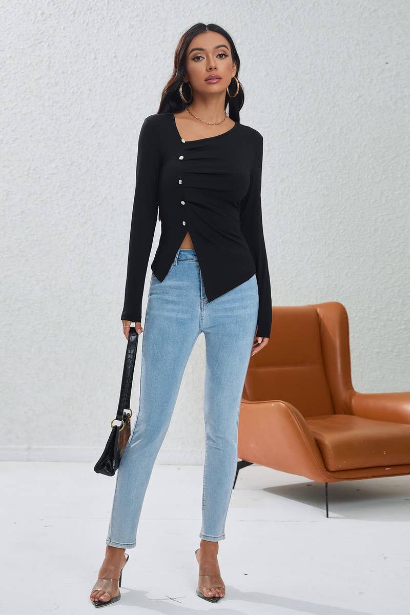 CWTBLL2722_PLEATED BUTTON IRREGULAR KNIT BOTTOMING TOP