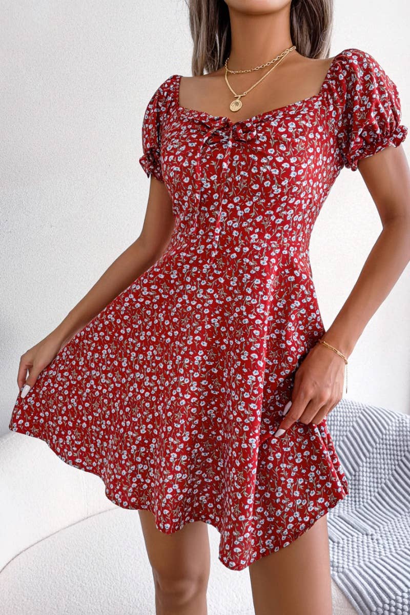 CWDSD4630_CASUAL FLARED SLEEVES FLORAL SWING DRESS