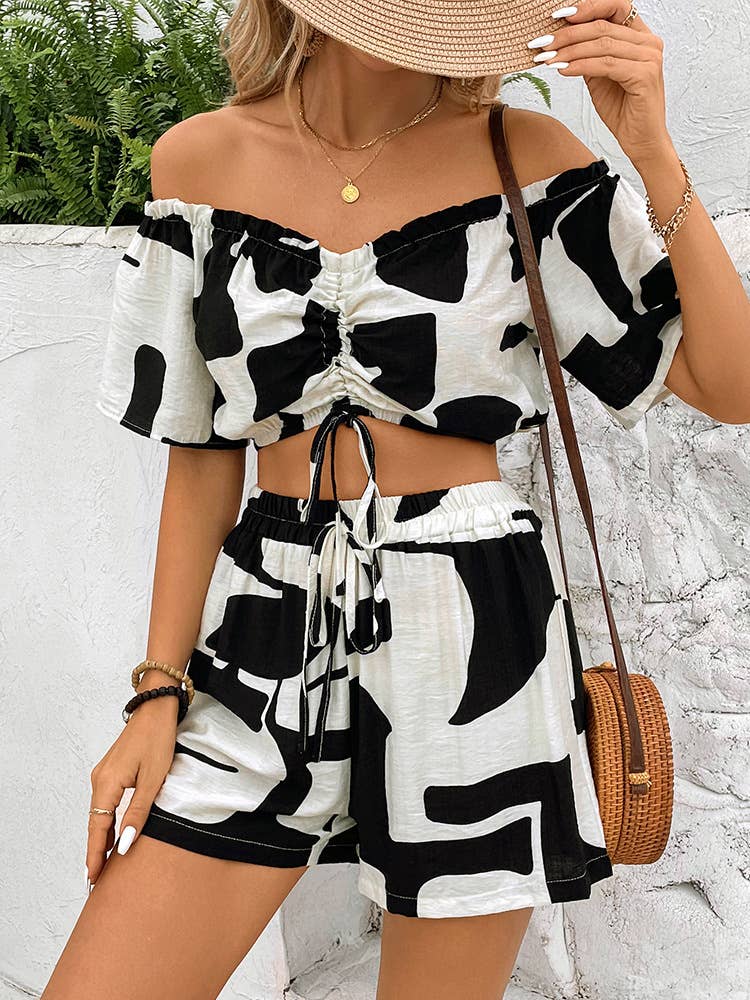 Crop top shorts sexy milk print two-piece set