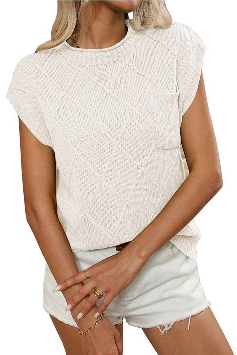 CWTTS1370_ROUND NECK DIAMOND CHECK KNITTED SHORT SLEEVES