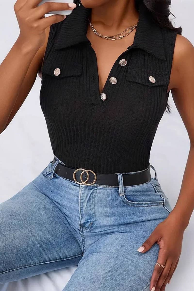 CWTTSL0349_LAPEL CONTRAST COLOR RIBBED SLIM FIT KNITTED VEST