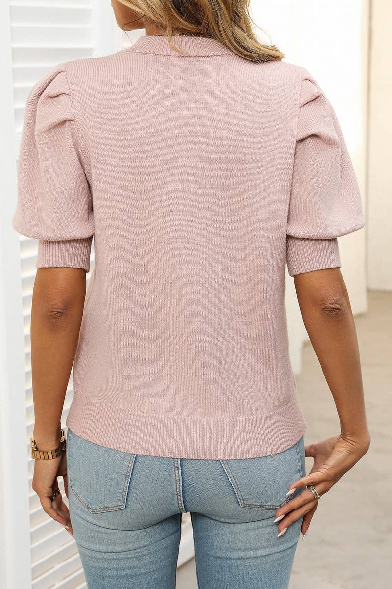 CWOSWS0126_SOLID COLOR ROUND NECK PUFF SLEEVE KNITTED TOP