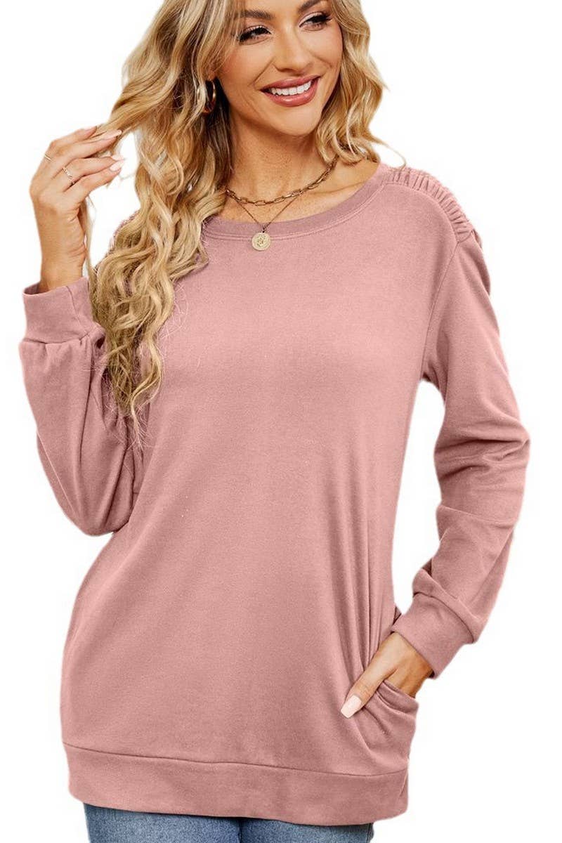 CWTBLL2384_SOLID COLOR ROUND NECK LONG SLEEVE POCKET T-SHIRT