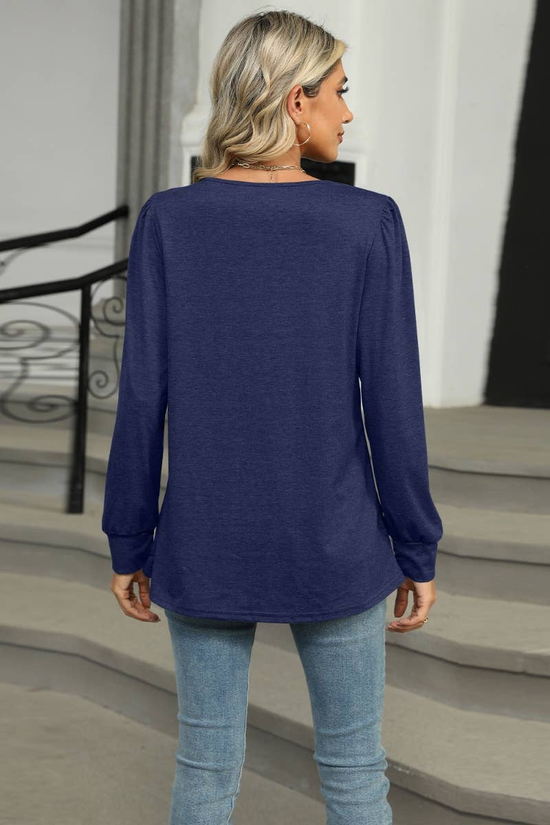 CWTBLL2937_FALL CREW-NECK PLEATED LONG-SLEEVED TOP