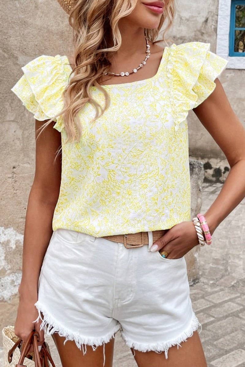 CWTBLS2268_PRINTED BOW BACK LAYERED RUFFLE SLEEVE SHIRT