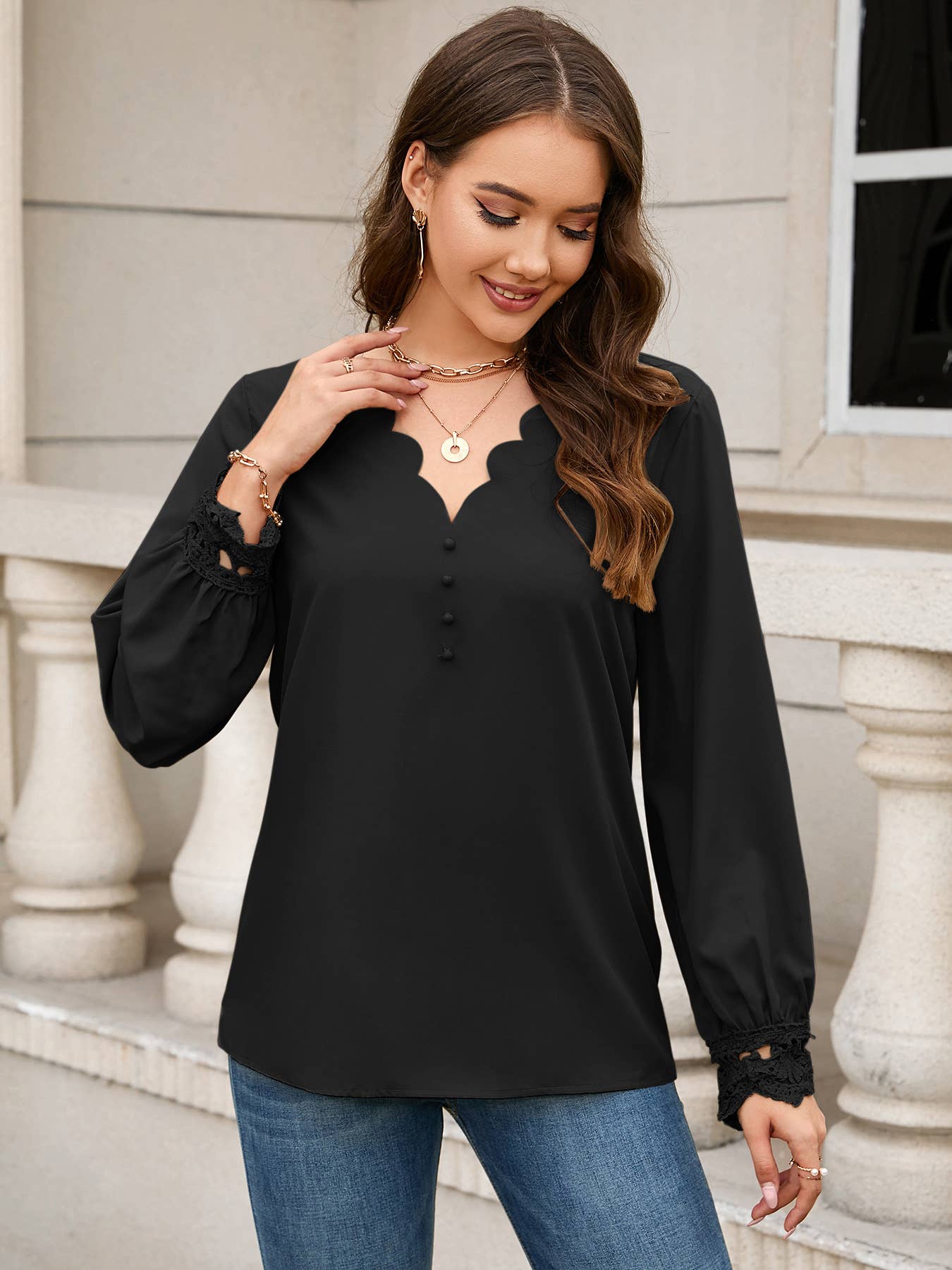 BURNED V-NECK LOOSE LONG-SLEEVED TOP