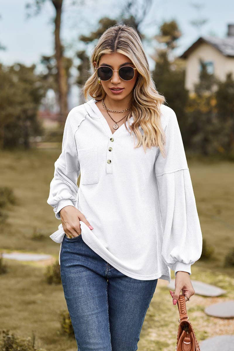 CWOHOL1095_NEW HOODED BUTTON LOOSE LONG-SLEEVED SWEATSHIRT