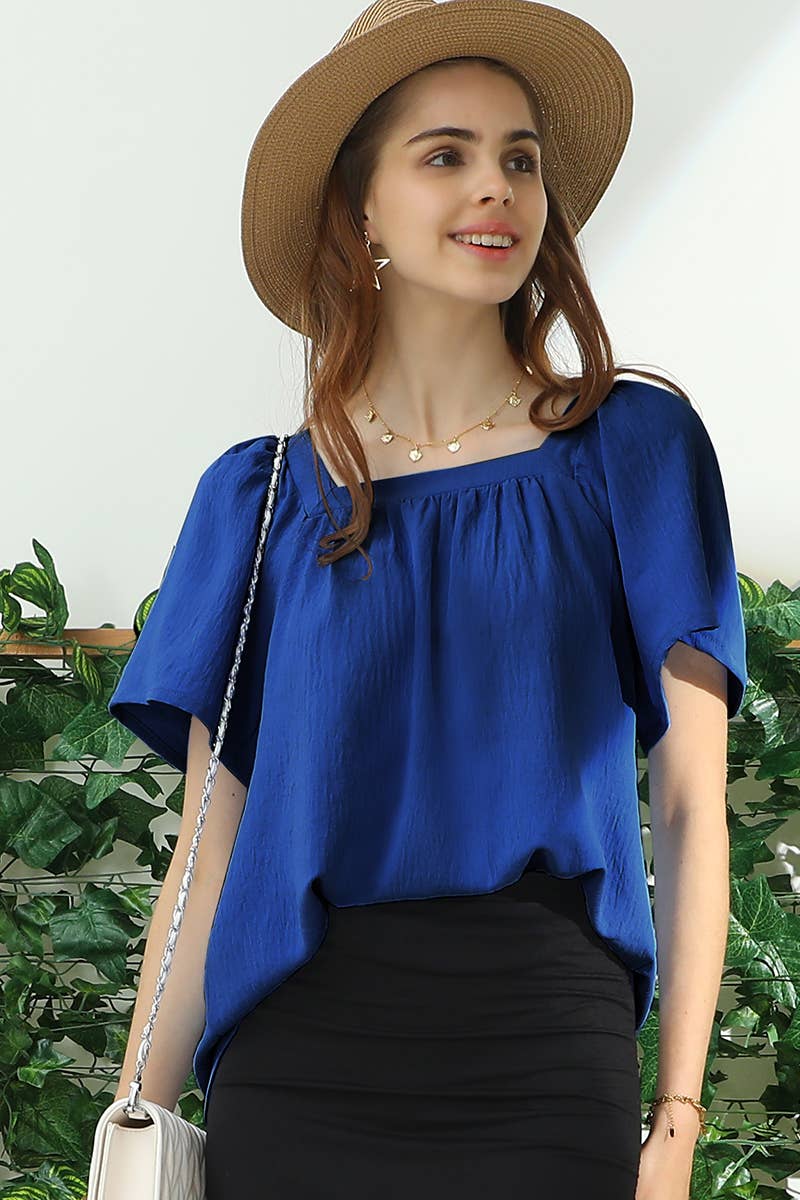 CWTBLS192_SQURE NECK RUFFLE NECK SHORT SLEEVE BLOUSES TOP