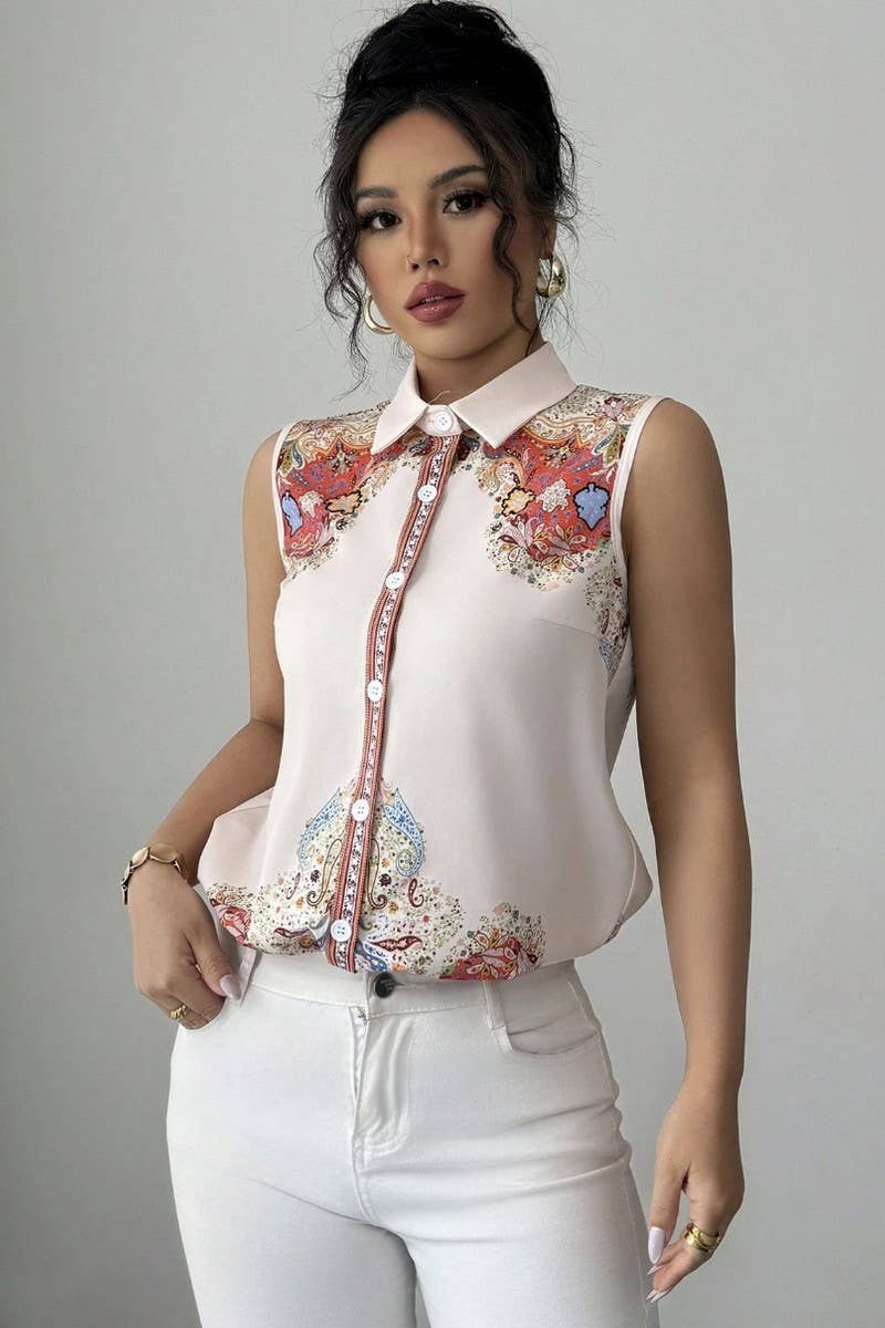 CWTBLSL01042_VINTAGE PRINT SLEEVELESS LAPEL BLOUSE