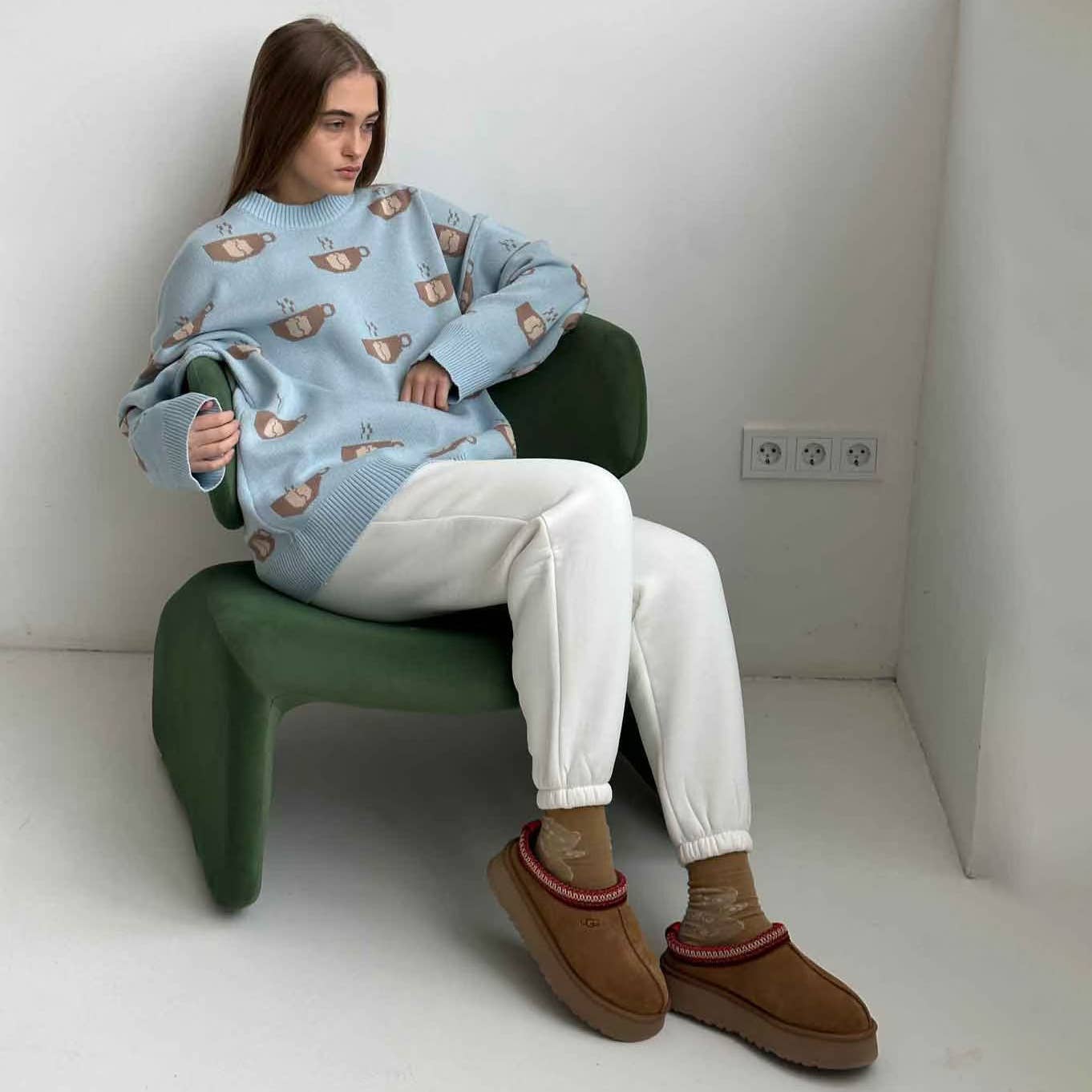 Coffee jacquard semi-turtleneck sweater