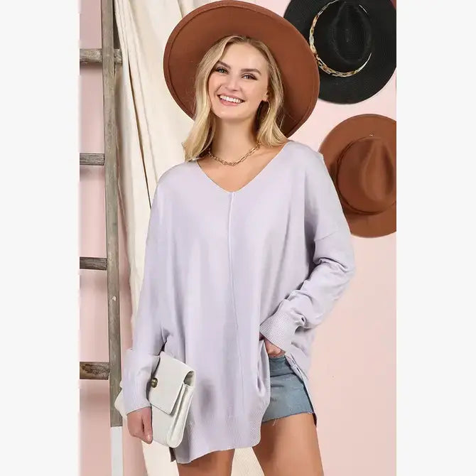 CWOSWL1826_V NECK LOOSE FIT TUNIC LENGTH SOFT SWEATER TOP