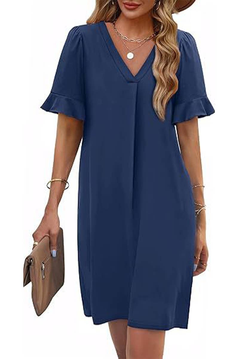CWDSD8811_V-NECK TRUMPET SLEEVES POCKET SHORT SLEEVE DRESS