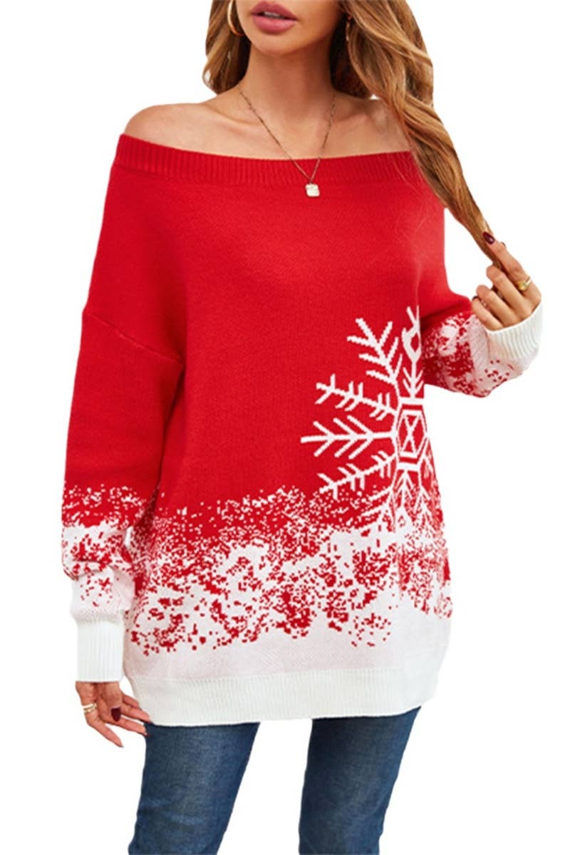 CWOSWL5837_CHRISTMAS LONG-SLEEVED SNOWFLAKE SHOULDER SWEATER