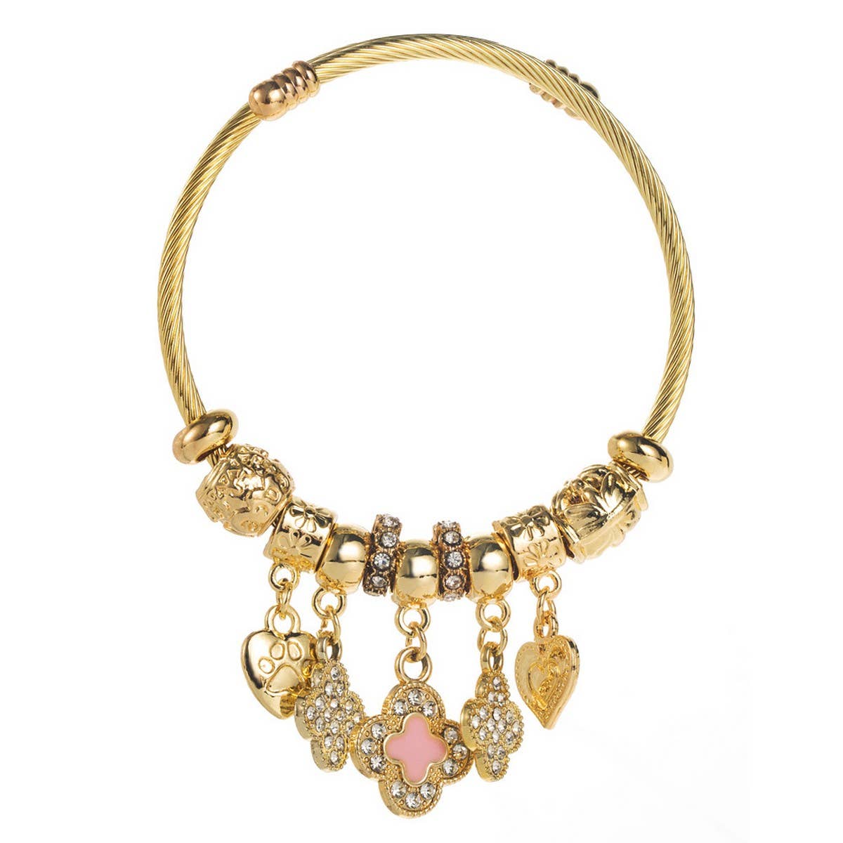 Trendy Gold Clover Heart Charm Bracelet