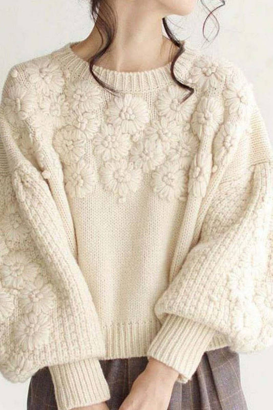 CWOSWL6960_EMBROIDERED 3D DAISY PULLOVER KNIT SWEATER