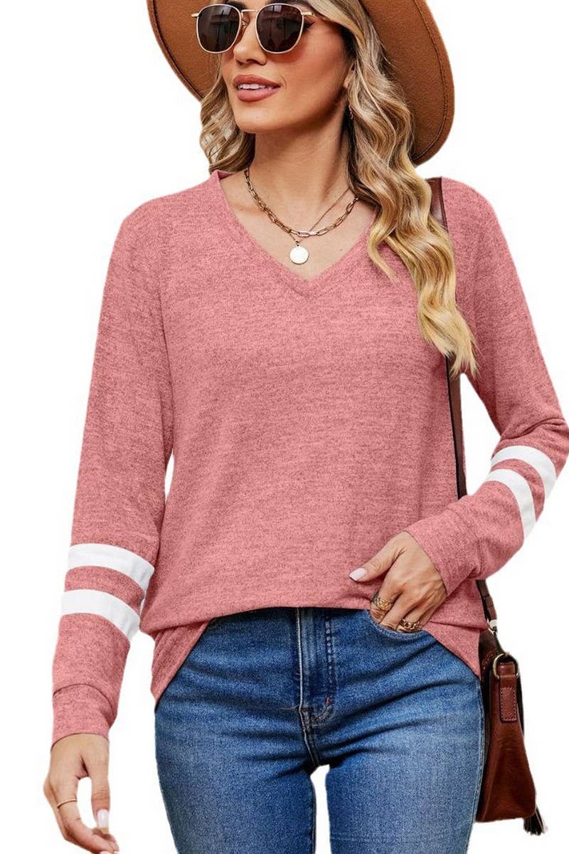 CWTBLL2392_V-NECK LONG-SLEEVED CONTRAST COLOR LOOSE TOP