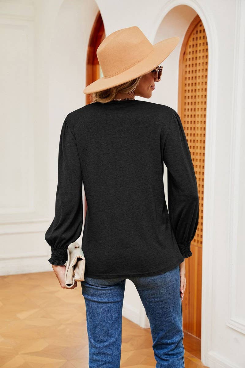 CWTBLL2396_V NECK LACE TRIM LONG SLEEVE LOOSE PULLOVER