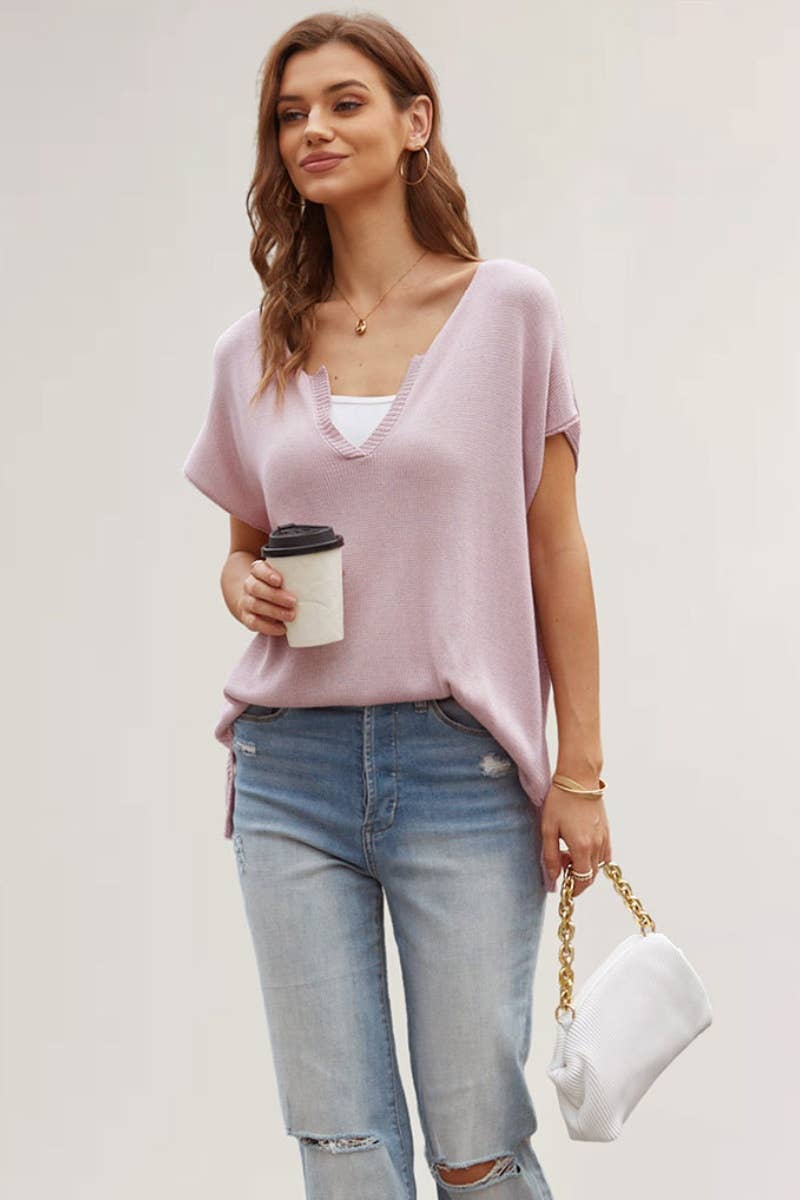 CWTBLS0744_KNIT V-NECK SOLID COLOR SPLIT SHORT-SLEEVED TOP