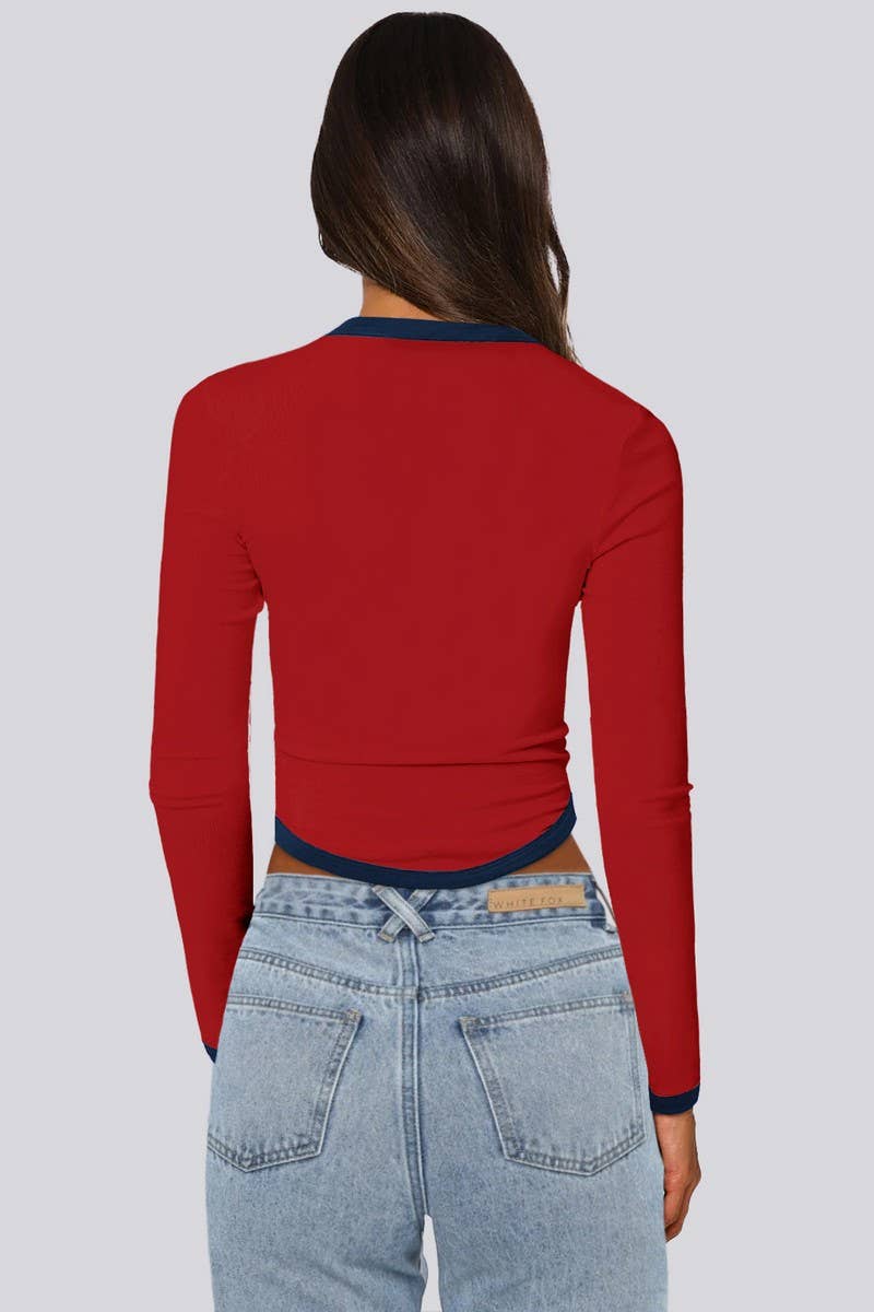 CWTBLL3751_ROUND NECK CONTRAST COLOR LONG SLEEVE TOP