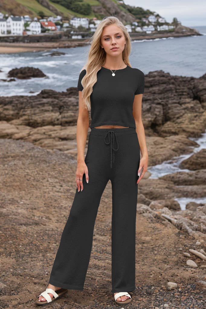 Casual solid color knit pants short sleeve suit