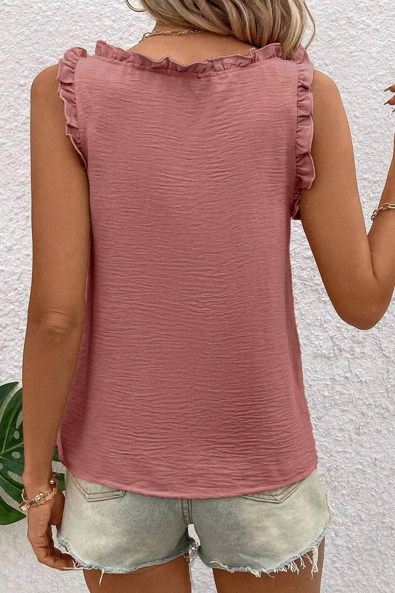 CWTTK0807_SOLID COLOR V-NECK RUFFLE SLEEVELESS TANK TOP