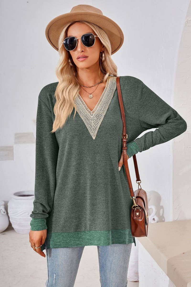 CWTBLL3660_AUTUMN NEW V-NECK LACE SOLID COLOR LOOSE T-SHIRT