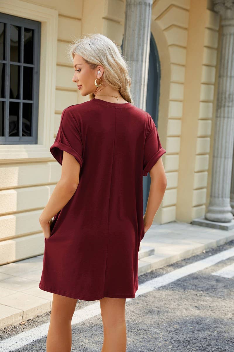 CWDSD4078_SOLID COLOR CREW NECK POCKET SHORT SLEEVE DRESS