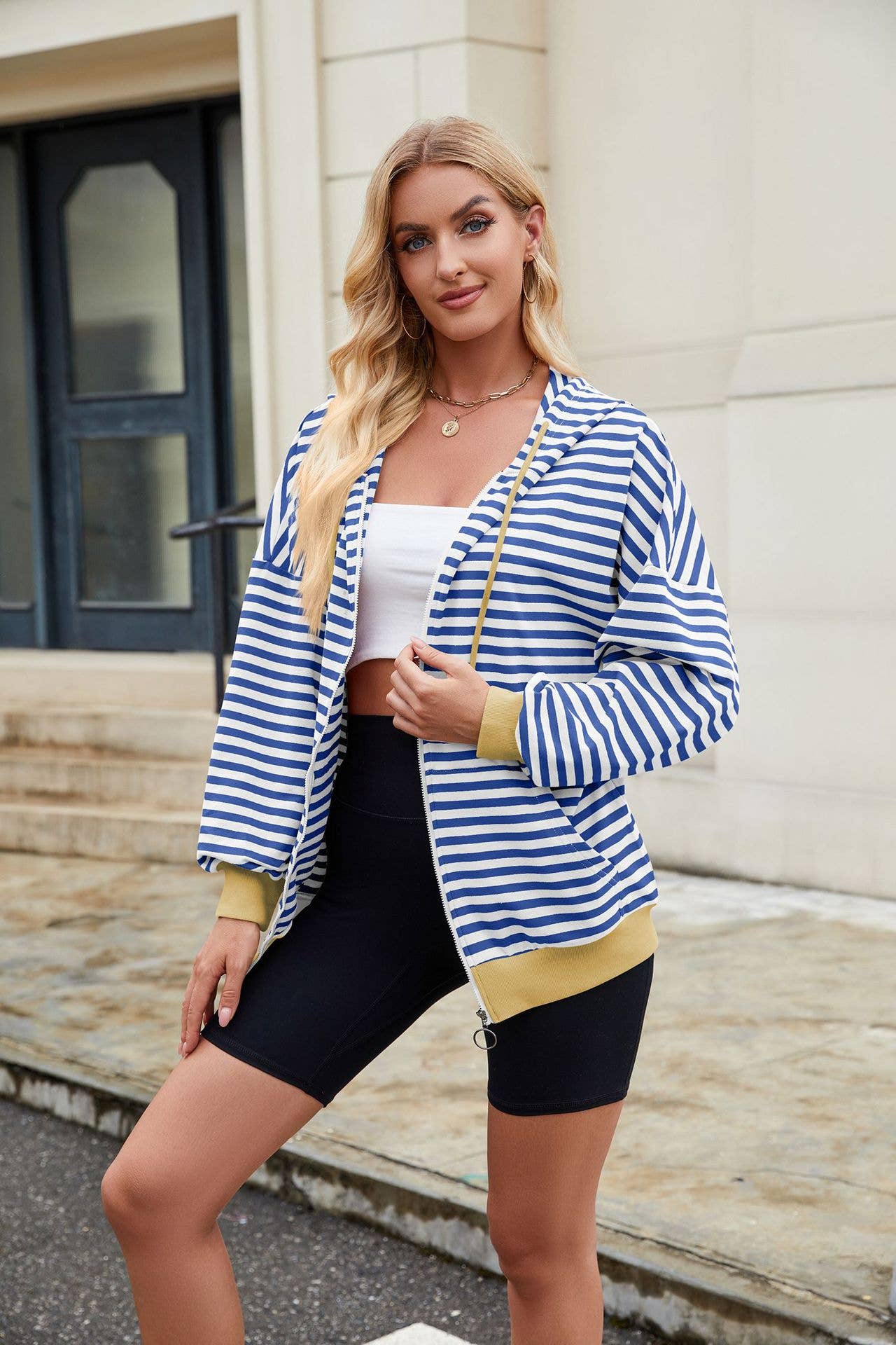 Casual,color-blocking striped hooded sweatshirt