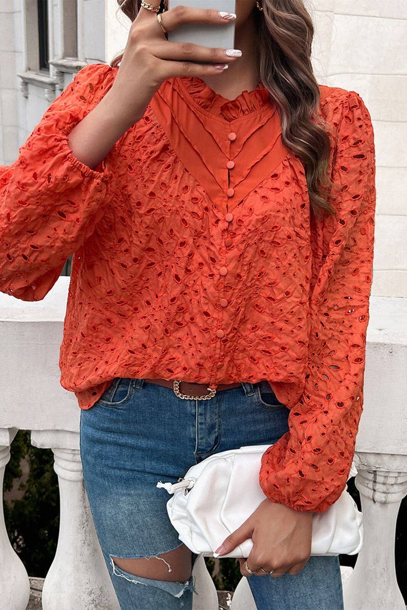 CWTSTL2732_ELEGANT HOLLOW PUFF SLEEVE EMBROIDERED TOP