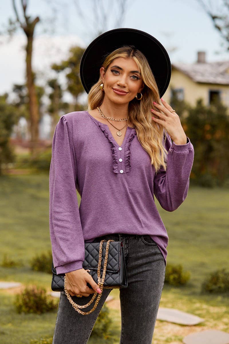 CWTBLL3682_SOLID COLOR V-NECK BUTTON RUFFLED LONG-SLEEVED TO