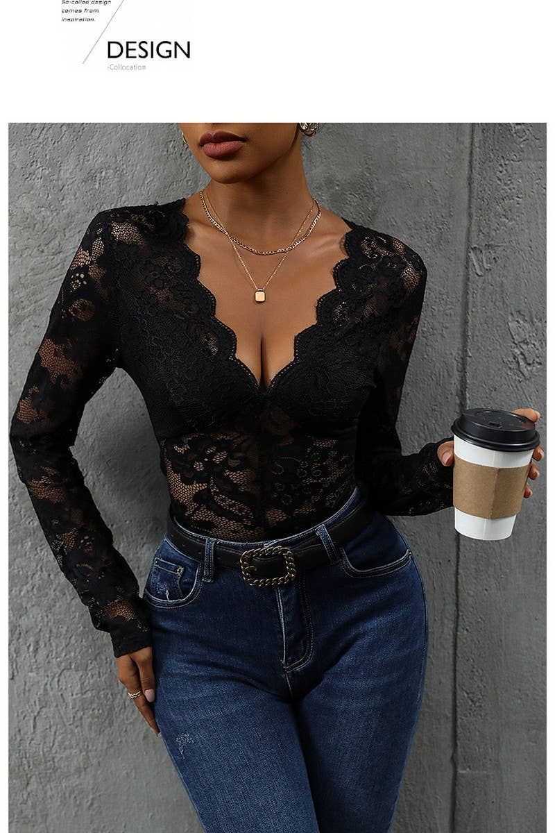 CWSBSL0056_V-NECK LACE PANELED SEXY LONG SLEEVE BODYSUIT