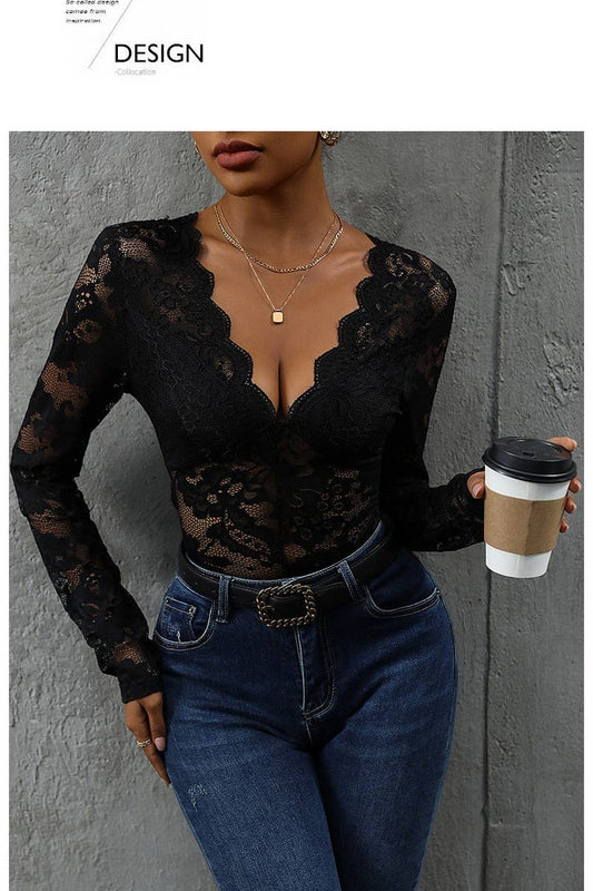 CWSBSL0056_V-NECK LACE PANELED SEXY LONG SLEEVE BODYSUIT