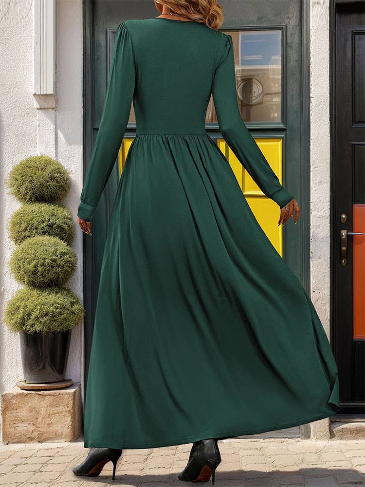 DEEP V-NECK SOLID SLIT LONG SLEEVE WAIST DRESS
