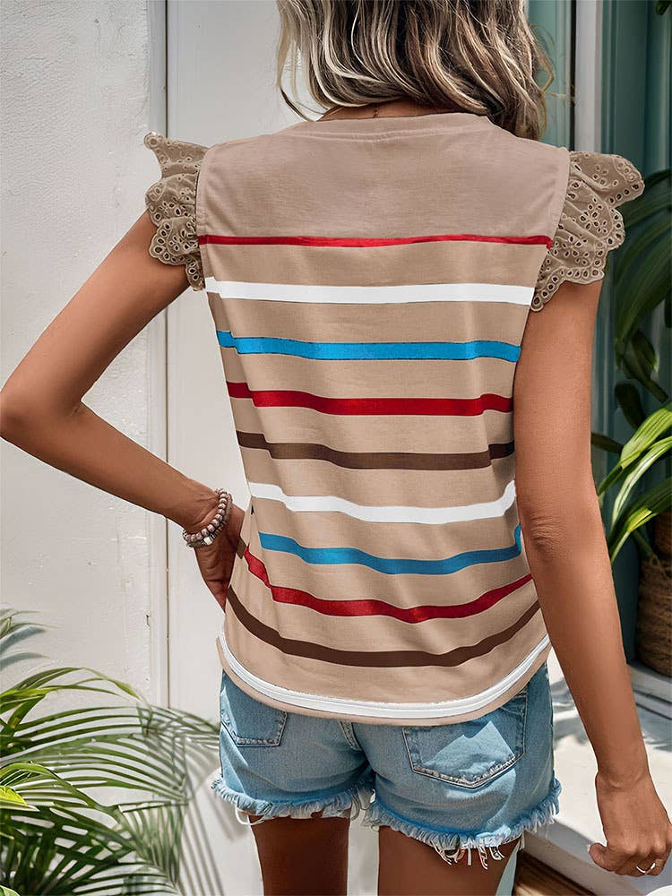 Casual lace striped T-shirt with ruffled sleeves