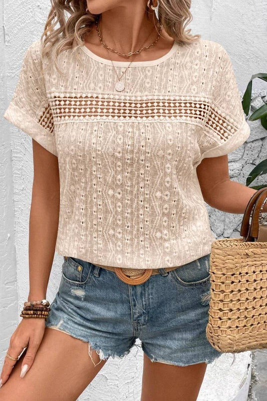 CWTBLS2265_LACE HOLLOW OUT BATWING SLEEVE T-SHIRT