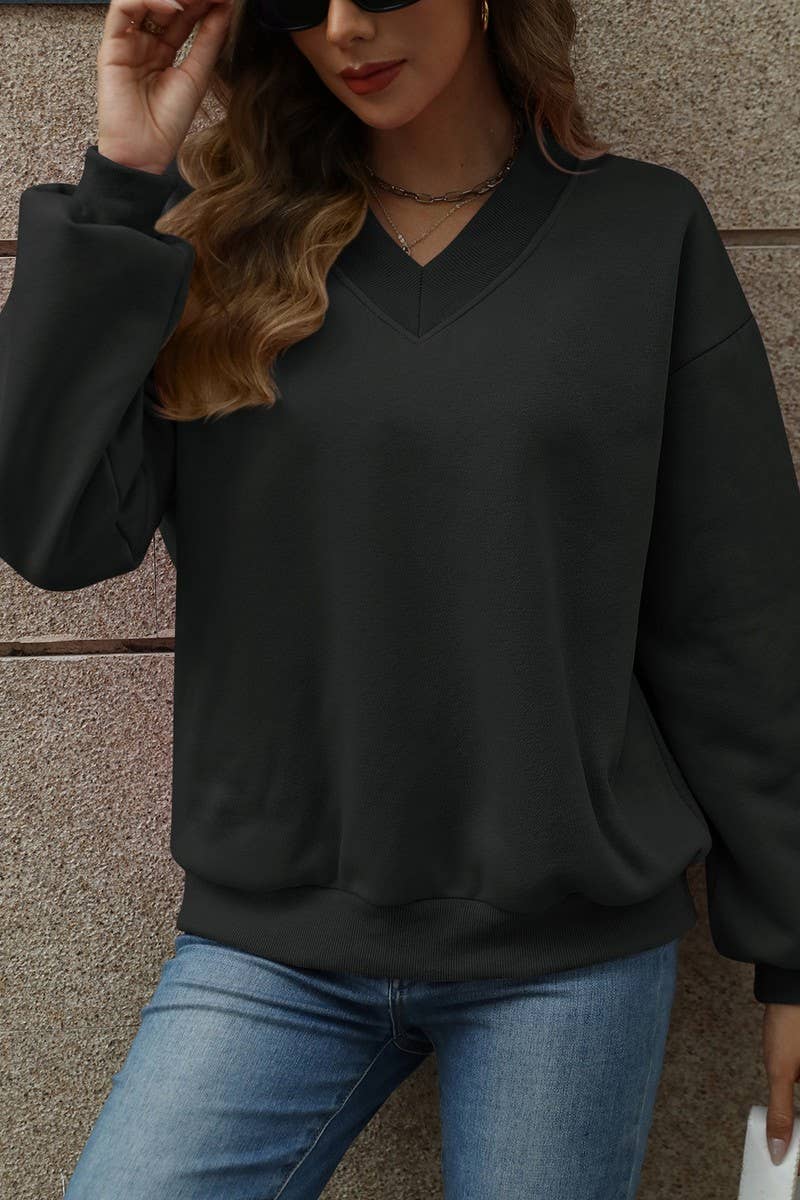 CWTBLL4011_SOLID V-NECK FLEECE LINED LOOSE FIT SWEATSHIRT