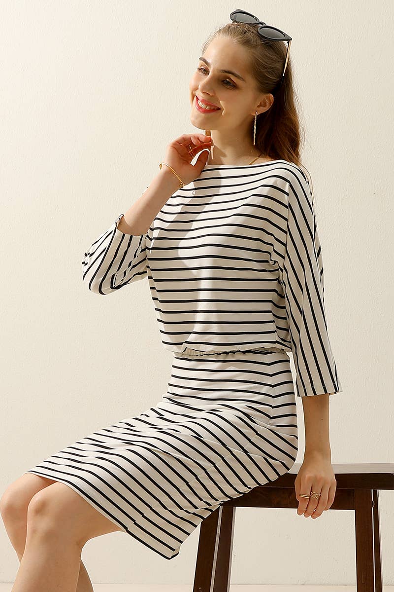 CWDMD803_BOAT NECK LONG SLEEVE DRAWSTRING KNEE MIDI DRESS