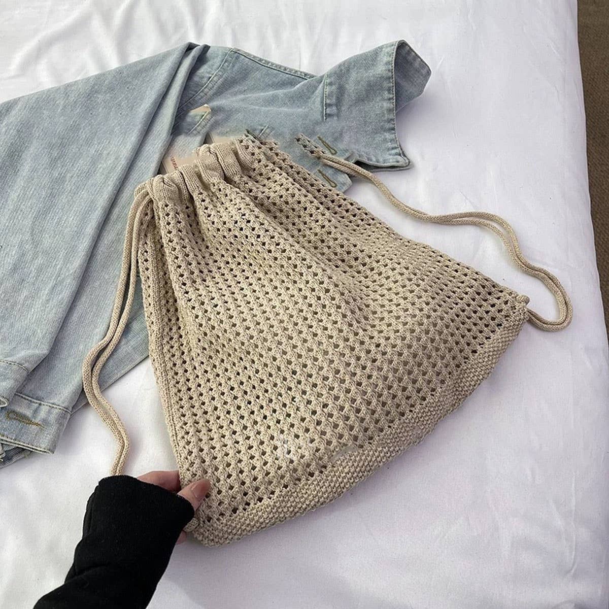 CUAB00623_2025 KHAKI KNIT BACKPACK WOMEN CASUAL WOVEN BAG