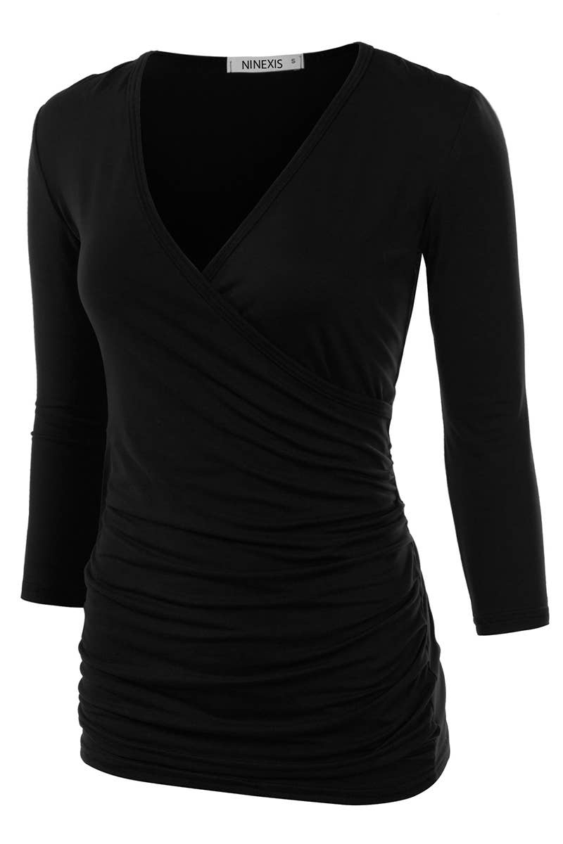 CWTTL1403_3/4 Sleeve Tank Tops Deep V-Neck Surplice Wrap