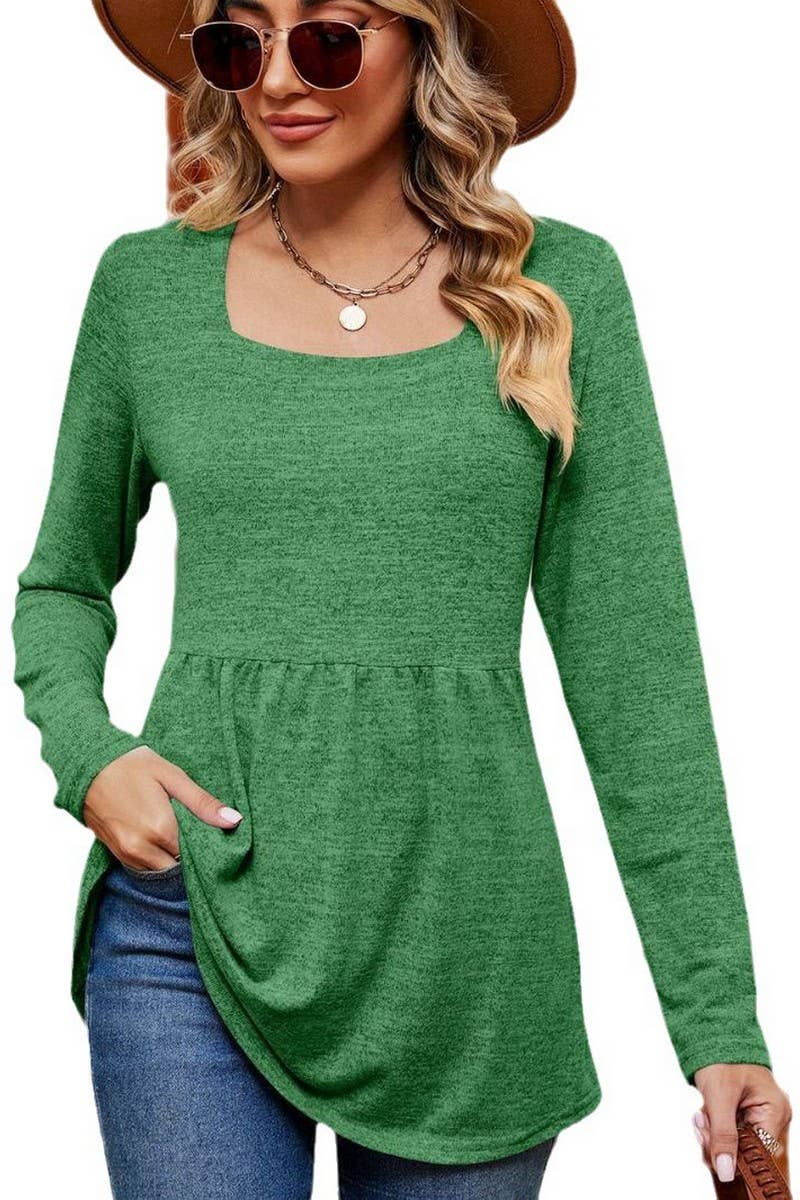 CWTBLL2397_SQUARE NECK LONG SLEEVE WAISTED MID-LENGTH TOP